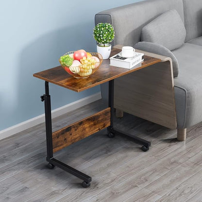 Standing Desk - Side Table Adjustable Height, Portable Laptop Cart, C-Shaped Bed Couch end Tables with Edge Stopper - Wheels for Living Room Bedroom Walking Pad Treadmill 31.5Inch Brown