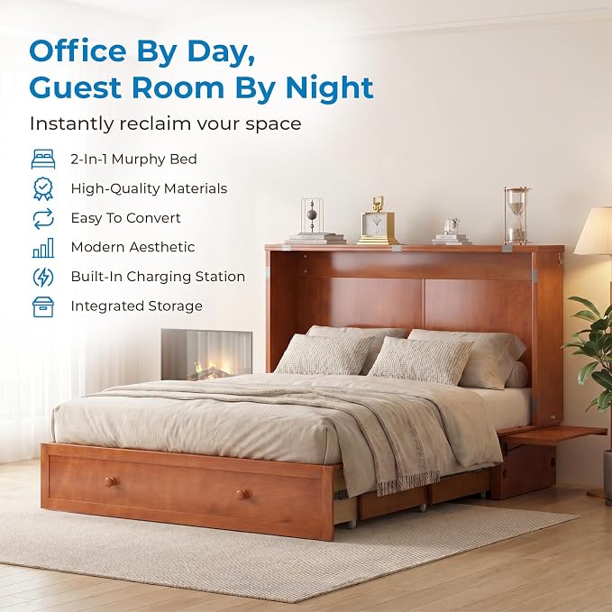 Mjkone Queen Murphy Bed Cabinet with Mattress Included, Cabinet Murphy Chest Bed with Drawer and USB Charging, Bedside Panel, Convertible Hidden Guest Wall Beds for Bedroom, Apartment - Cherry