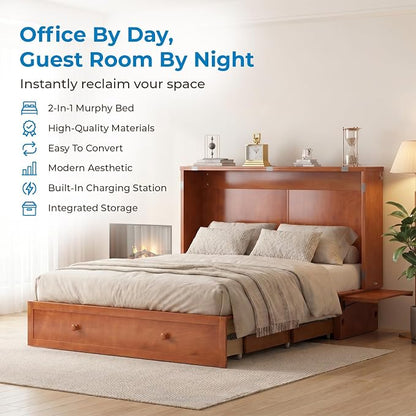 Mjkone Queen Murphy Bed Cabinet with Mattress Included, Cabinet Murphy Chest Bed with Drawer and USB Charging, Bedside Panel, Convertible Hidden Guest Wall Beds for Bedroom, Apartment - Cherry