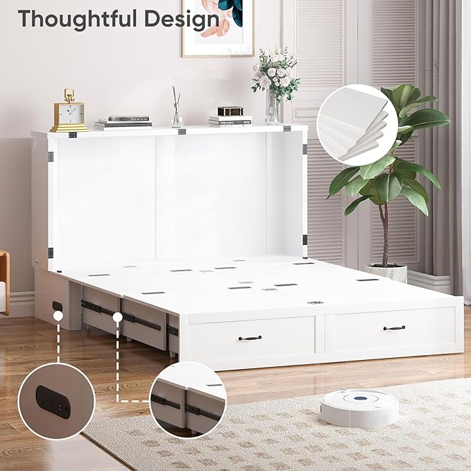 PUREMIND Murphy Bed Queen, Arched Frames Cabinet Beds Chest with Charging Station & Storage Drawers, Convertible Hideaway Cabinet Bed for Guest Room, White, Without Mattress