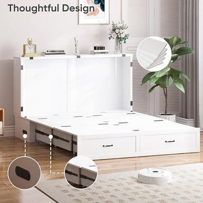 PUREMIND Murphy Bed Queen, Arched Frames Cabinet Beds Chest with Charging Station & Storage Drawers, Convertible Hideaway Cabinet Bed for Guest Room, White, Without Mattress