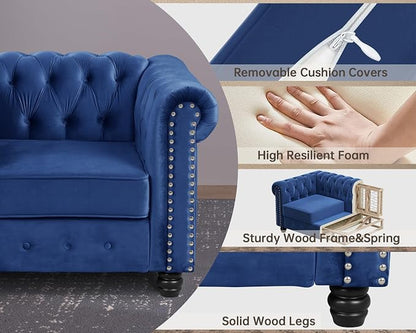 Morden Fort 2 Piece Classic Chesterfield 4-Seater Set, Tufted Chair & Sofa Furniture Solid Wood Legs Thick Cushion, Pet-Friendly Couch Set for Living Room Bedroom Apartment, Velvet Blue