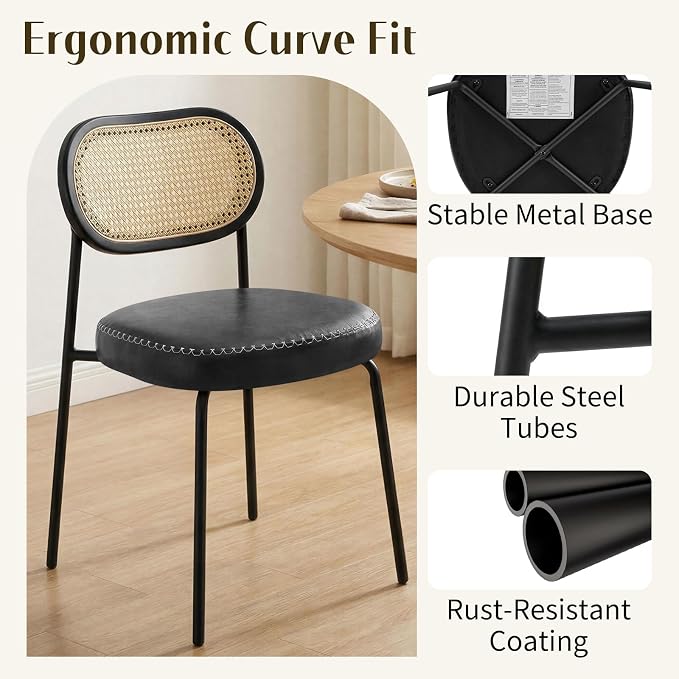 Rattan Dining Chairs Set of 2, Upholstered Dining Chairs with Handwoven Cane Back, Mid Century Modern Kitchen & Dining Room Chairs with Thick Cushion and Metal Frame, 300 lbs Capacity, Black
