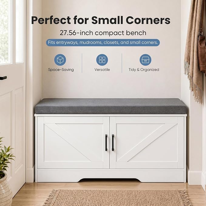 NEWBULIG Shoe Storage Bench for Entryway with Cushion, 39.4IN, White | Shoe Organizer Cabinet with Padded Cushion and Doors, Adjustable Shelves, Shoes Bench for Hallway, Mudroom, Bedroom