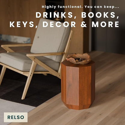 Relso Octavian Geometric End Table - Solid Mango Wood, Walnut Finish, Boho Design, Modern Farmhouse Style, Compact Coffee Table, Nightstand for Bedroom, Living Room, Reading Area (Octavian Brown)
