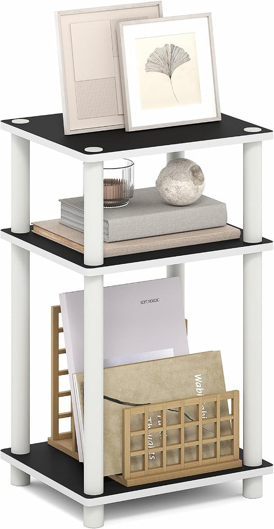 Furinno Turn-N-Tube Side Table, 3-Tier End Table with Open Shelf, Toolless Assembly Night Stand, Bedside Table, for Living Room, Bedroom, White Espresso