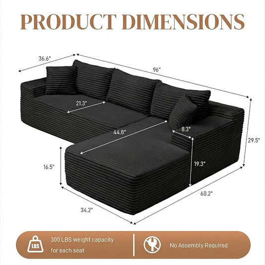 96" L Shaped Cloud Boneless Sectional Couches for Living Room, Modern Comfy Modular Deep Seat Memory Foam Compressed Corduroy Sofa Oversized Right Facing Chaise, No Assembly Required, Balck