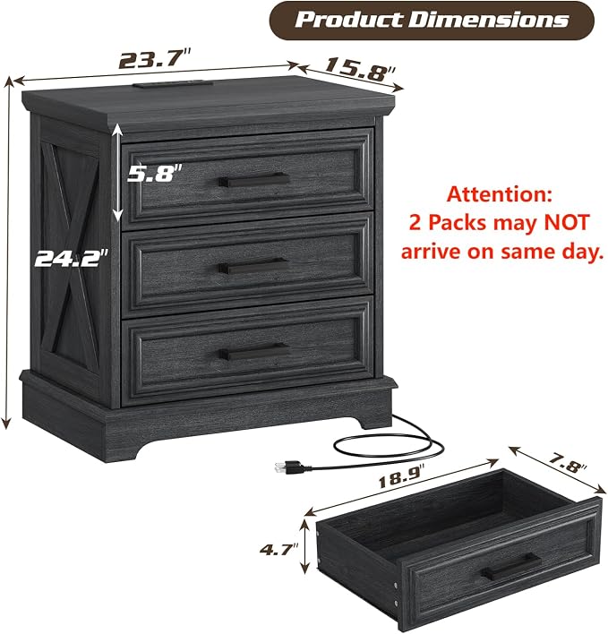 knoworld 24 Inch Wide Farmhouse Nightstands Set of 2 with Charging Station, Dark Gray Nightstand with 3 Large Drawers, Rustic Wood End Table for Bedroom