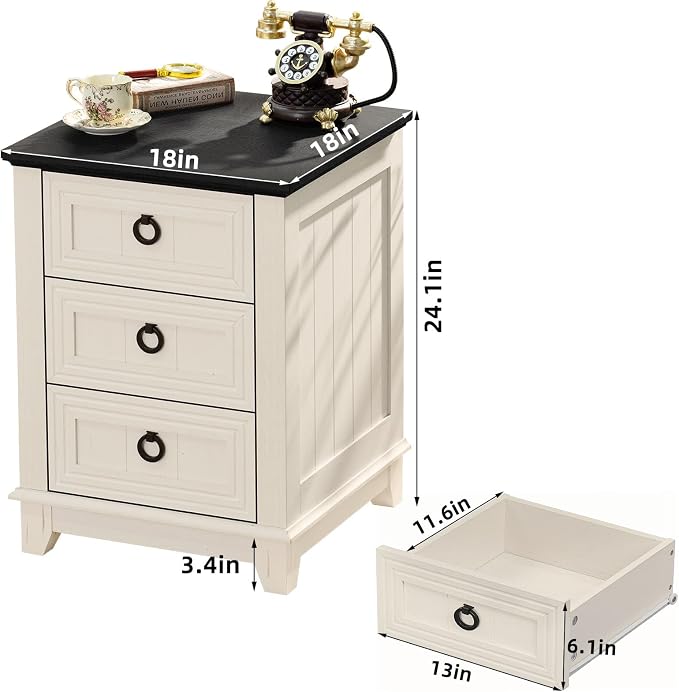 Joaxswe 18" Farmhouse Night Stand with 3 Drawers, Wood End Table Dresser for Bedroom, White Nightstand, Bed Side Table with Metal Handle, Bedside Cabinet for Bedroom Living Room, Closet