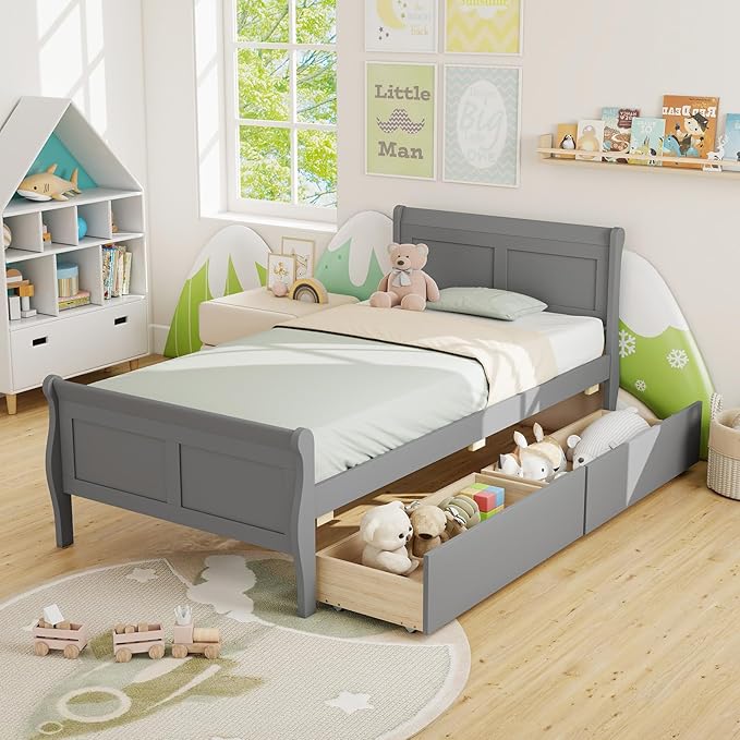 Giantex Twin Bed with 2 Storage Drawers, Wood Platform Bed with Headboard & Footboard, Wooden Slats Support Mattress Foundation, Twin Bed Frames for Kids Teens Adults, No Box Spring Needed (Grey)