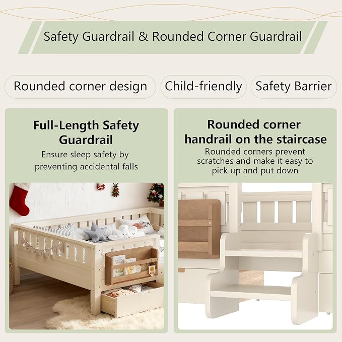 Full Platform Bed with Storage Drawers and Bookshelves, Kids Platform Bed Frame with Low-profile Stairs and Full-length Guardrails, Full Bed Frame for Kids, Boys, Girls, No Box Spring Needed, Beige