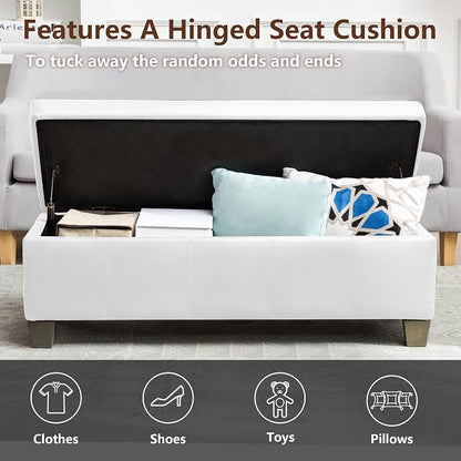 51 Inch Storage Ottoman, Storage Bench with Safety Hinge, Upholstered Synthetic Leather Ottoman Bench for Bedroom, Living Room, Entryway, Hallway, Foot Rest, Support 500lbs