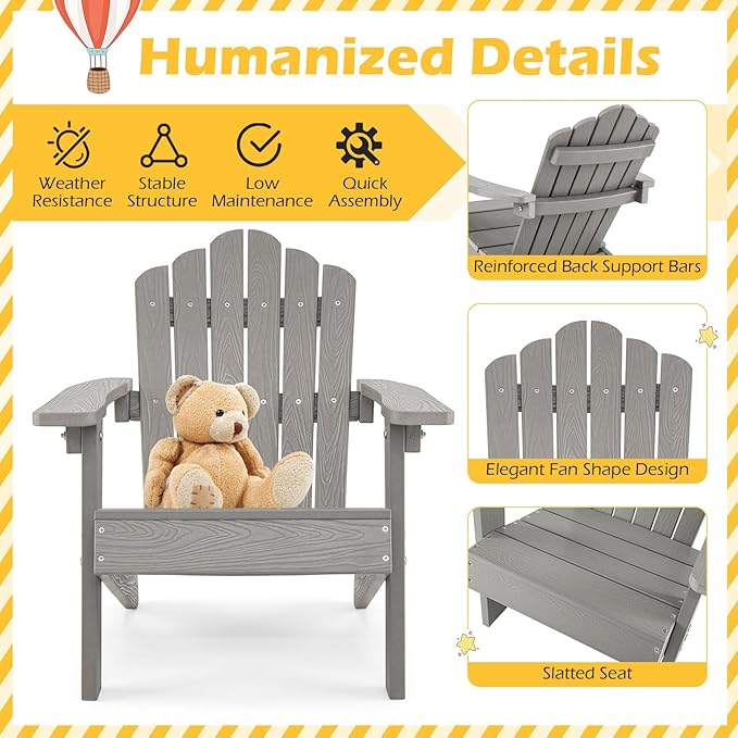 Costzon Kids Adirondack Chair, All-Weather HIPS Toddler Outdoor Chair, Wooden Textured Plastic Fire Pit Chair, Kids Patio Chair for Backyard Lawn Garden, Fits Children Age 3-7 Years (4, Gray)