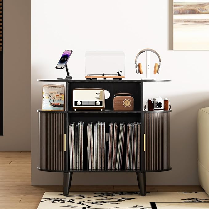 LUVIOHOME Large Round Record Player Stand with Charging Station & USB Ports，Record Storage Cabinet, Mid Century Modern Turntable Stand for Bedroom Living Room (Small Black)