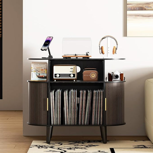 LUVIOHOME Large Round Record Player Stand with Charging Station & USB Ports，Record Storage Cabinet, Mid Century Modern Turntable Stand for Bedroom Living Room (Small Black)