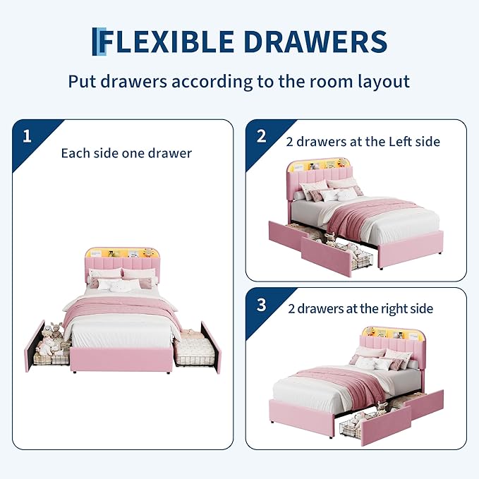Garvee Twin XL Size Bed Frame with 2 Flexible Drawers, Velvet Upholstered Platform Bed Frame with Bookcase Headboard and LED Lights, Kids Bed for Girls, Easy Assembly, Noise Free, Pink