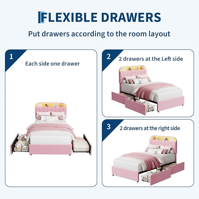 Garvee Twin Size Bed Frame with 2 Flexible Drawers, Velvet Upholstered Platform Bed Frame with Bookcase Headboard and LED Lights, Kids Bed for Girls, Easy Assembly, Noise Free, Pink