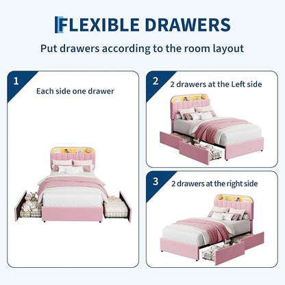 Garvee Twin Size Bed Frame with 2 Flexible Drawers, Velvet Upholstered Platform Bed Frame with Bookcase Headboard and LED Lights, Kids Bed for Girls, Easy Assembly, Noise Free, Pink