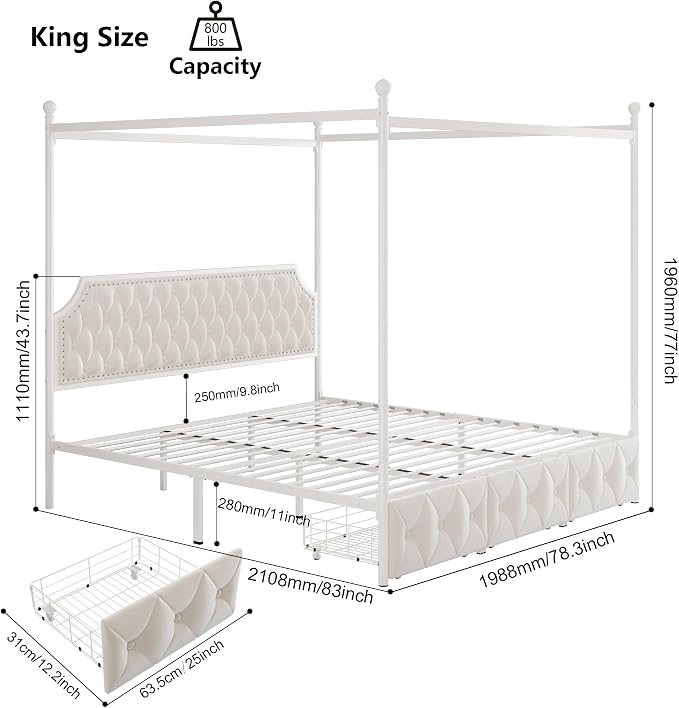 Keyluv King Upholstered Canopy Bed Frame with 3 Storage Drawers & Button Tufted Headboard, Metal Platform Bed with 4 Removable Posts, Two-Purpose Velvet Bed, Beige/Curtain Not Included