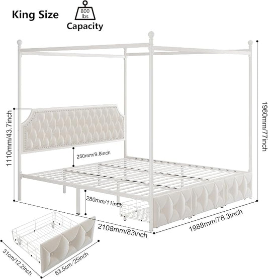 Keyluv King Upholstered Canopy Bed Frame with 3 Storage Drawers & Button Tufted Headboard, Metal Platform Bed with 4 Removable Posts, Two-Purpose Velvet Bed, Beige/Curtain Not Included
