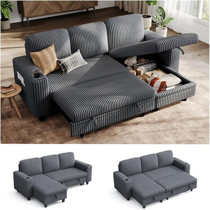 LINSY Home 81" Modular Sectional Couch with Pull Out Bed, L Shaped 3 Seats Sofa with Storage Chaise, Corduroy Convertible Sofa Bed, USB, Cup Holders, Side Pocket, Sleeper Sofa for Living Room, Grey
