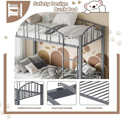 IDEALHOUSE Twin Over Twin Bunk Bed Frame, Twin Bunk Bed Frame with Heightened Arched Guardrail and Safety Ladder, Sturdy Steel Bed for School, Bedroom, Easy Assembly, Modern Matte Gray
