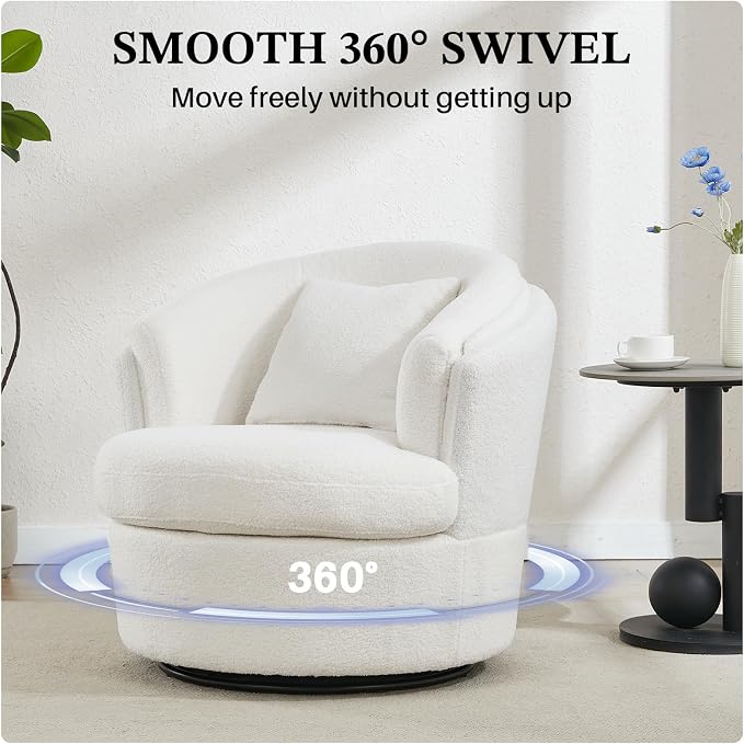 Swivel Accent Chair, 360 Degree Round Swivel Barrel Chair with Pillow, Widened Upholstered Boucle Chair Comfy Sherpa Barrel Armchair for Living Room Bedroom Reading Room, White