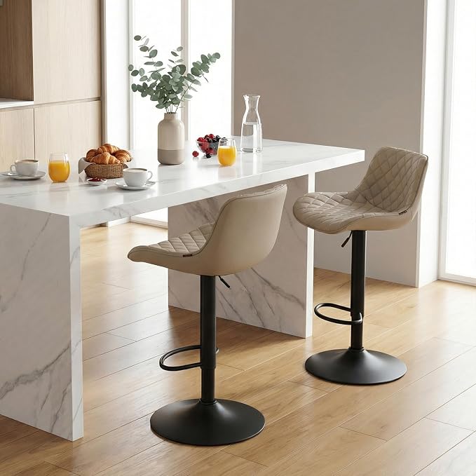 YOUTASTE Khaki Bar Stools Set of 2, Mid-Century Modern Adjustable Swivel Counter Height Chairs with Back, Faux Leather Upholstery, Black Metal Base, Ideal for Kitchen, Island, Dining Room, Restaurant
