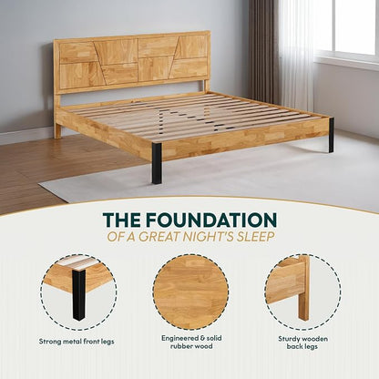 Bme Trapeze King Bed Frame – Modern Solid Wood Bed with Smooth Pattern Headboard, Black Metal Legs, Light Natural Finish – Durable King Size Platform Bed for Contemporary Bedrooms