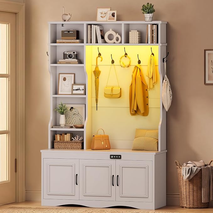 UPOSOJA Hall Tree with Deodorizing, Entryway Bench Shoe Storage, Coat Racks, Led Lights, 7 Coat Hooks, 7 Storage Cubbies, Adjustable Shelf (White)