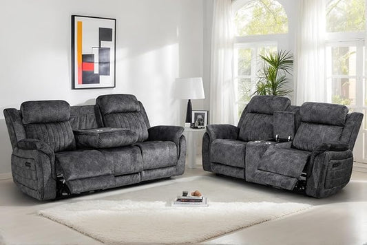 Power Reclining Sofa Set with Zero Gravity, Adjustable Headrest, Electric Reclining Sofa and Loveseat with USB/Type-C Ports, Reclining Living Room Set for Home Theater (Grey, Loveseat+Sofa)