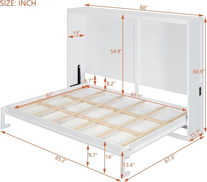 Ball & Cast Queen Size Murphy Bed with Charging Station and Slat Support,Wood Hideaway Cabinet Platform Beds w/Leg & Lock,can be Folded,Space-Saving,for Small Room,Dorms,White