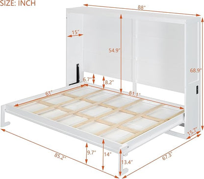 Ball & Cast Queen Size Murphy Bed with Charging Station and Slat Support,Wood Hideaway Cabinet Platform Beds w/Leg & Lock,can be Folded,Space-Saving,for Small Room,Dorms,White
