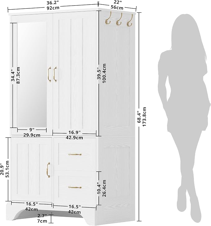 LIKIMIO Armoire Wardrobe Closet with Mirror and 3 Doors and 2 Drawers, Bedroom Wooden Armoire Storage Cabinet Combination with Hanging Rod for Bedroom, White