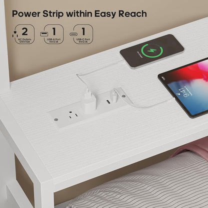 BTHFST Full Over Full Bunk Beds with 4 Storage Drawers & Shelves & Bedside Caddy, Bunk Bed with Charging Station & LED Lights, Full Size Bunk Bed with Safety Guardrail & Angled Ladder, White