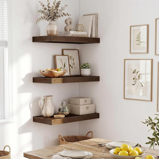 Fun Memories Wood Floating Shelves 20 Inch, 10 Inch Deep Shelves Wall Mount, Wall Shelves with Invisible Bracket, 20" Floating Shelves for Living Room Bathroom Bedroom, Walnut, Set of 2