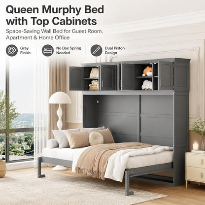 Queen Murphy Bed Cabinet, Wall Bed with Storage, Folding Cabinet Bed with Dual Piston Metal Mechanism, Murphy Cabinet Space Saving Bed for Guest Room, Home Office, Apartment(Gray 2)
