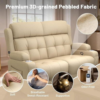 Reclining Loveseat, Wall-Hugger Loveseat Recliner Design with USB/Type C Charging & Storage & Cupholder, Pebble-Weave Fabric Recliner Sofa Couch for Living Room, Home Theater & RV Use