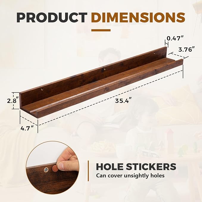 Muzilife 35.4" Large Floating Wall Ledge Shelves with Lip - Set of 2 Rustic Wood Floating Shelves - Honey Wall Mounted Picture Ledge for Office, Bathroom, Bedroom, Living Room, Kitchen