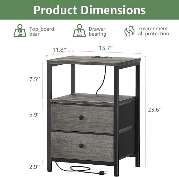 BOLUO Grey Nightstands Set of 2, Bedroom Night Stand Set Two Nightstand with Charging Station and LED Light, Bedside Table with 2 Fabric Drawers Grey