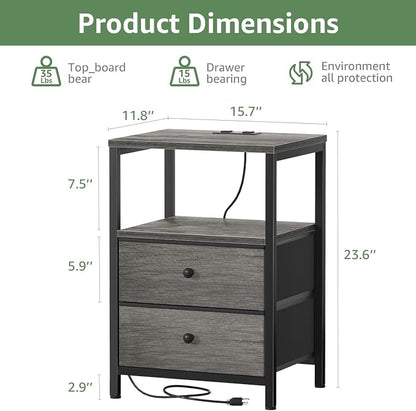 BOLUO Grey Nightstands Set of 2, Bedroom Night Stand Set Two Nightstand with Charging Station and LED Light, Bedside Table with 2 Fabric Drawers Grey