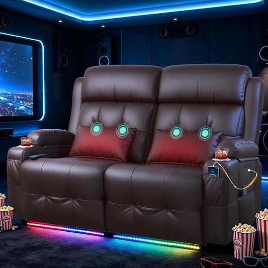Power Reclining Loveseat with Massage & Heat,Wall Hugger Home Theater Seating with LED Lights,USB & Type-C Ports, Ideal for RV, Home Theater and Living Room,Brown,2 Seats