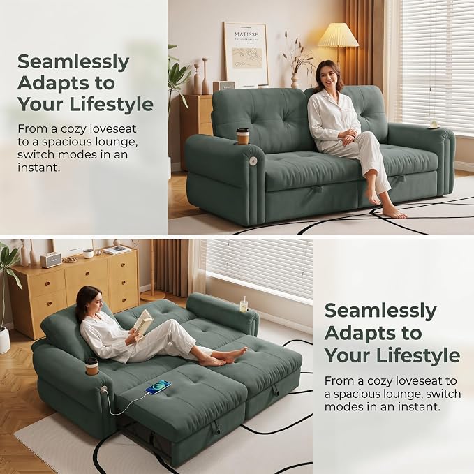 Convertible Couches, Queen Size Pull Out Sofa Bed with USB Charging Port and Cup Holders, Plannelette Fabric Convertible Sofa Bed for Small Space, Living Room, Apartment, Guest Room, Green