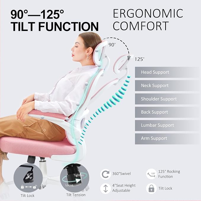Ergonomic Office Chair,Ultra Thick Spring Cushion Desk Chair,Pink | Adjustable Lumbar Support and Headrest,Flip-up Arms,Rocking Function,Mesh Home Office Computer Chair