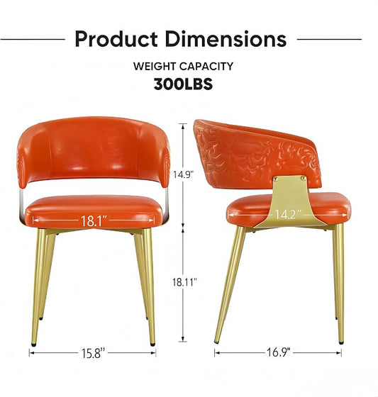 Atoll Modern Accent Dining Chairs Set of 2 with Upholstered PU Leather Seat & Curved Back, Metal Legs, Mid-Century Kitchen Chair for Dining Room, Living Room or Office (2, Orange)