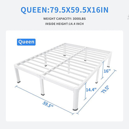 MAF 16 Inch Queen Size Bed Frame White with Round Corner Legs Mattress Slide Stopper No Box Spring Needed Heavy Duty Metal Platform Bed Frames Under-Bed Storage Space, 3000 LBS Steel Slats Support