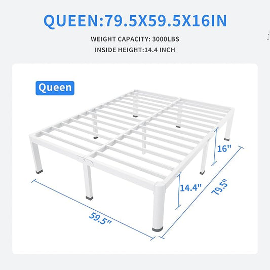 MAF 16 Inch Queen Size Bed Frame White with Round Corner Legs Mattress Slide Stopper No Box Spring Needed Heavy Duty Metal Platform Bed Frames Under-Bed Storage Space, 3000 LBS Steel Slats Support