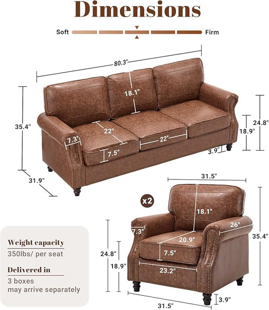 Kingfun 3 Seater Sofa, Mid-Century Modern Faux Leather Couch Set for Living Room, Darkbrown with Rolled Arms & Nailhead Trim, Easy Assembly