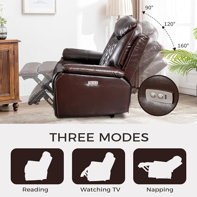 HAOMARKETS Electric Recliner Chair, Breathable Faux Leather Power Recliners with Padded Backrest, Single Overstuffed Heavy Duty Reclining Sofa for Living Room Bedroom, Dark Brown