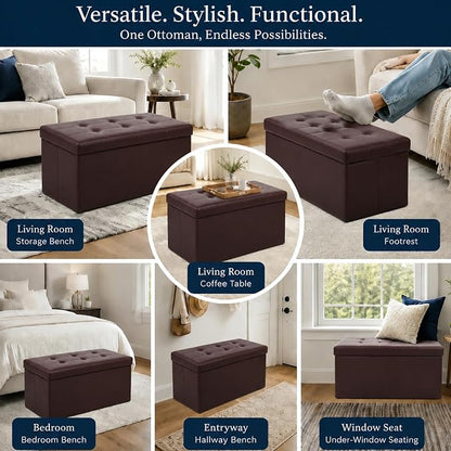 ALASDO 30 Inch Folding Storage Ottoman Bench with Hidden Storage, PU Leather Ottoman Foot Rest Stool, End of Bed Bench for Bedroom, Living Room, Entryway and Closet, Brown
